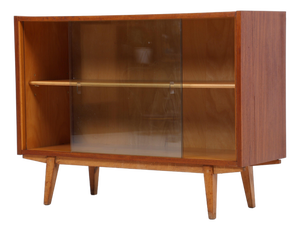 Vintage Walnut Display Cabinet with Glass Sliding Doors