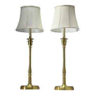 Pair of Ralph Lauren Polished Brass Buffet Lamps W/ Linen Bell Shades For Sale