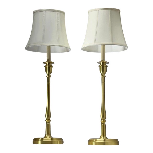 Pair of Ralph Lauren Polished Brass Buffet Lamps W/ Linen Bell Shades For Sale