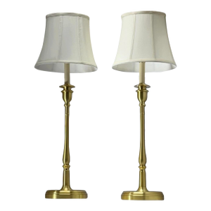 Pair of Ralph Lauren Polished Brass Buffet Lamps W/ Linen Bell Shades