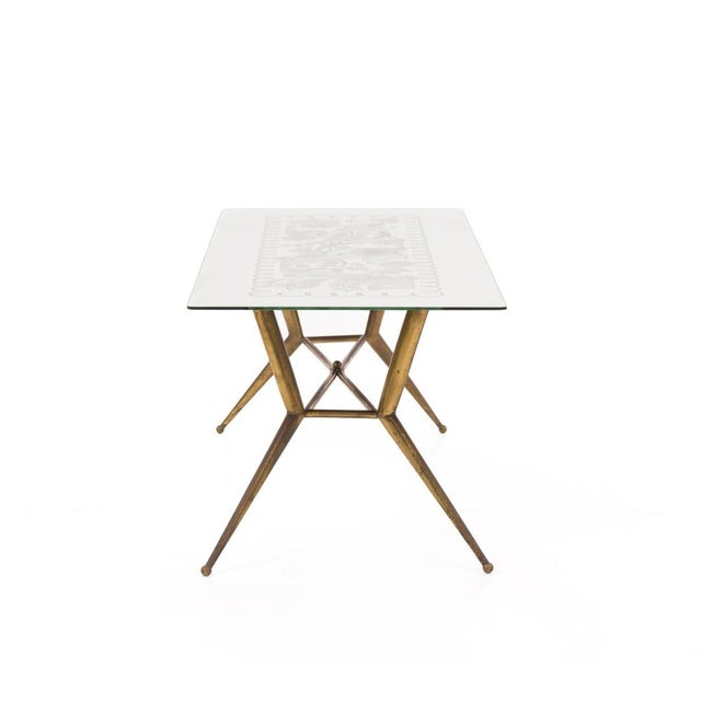 Vintage Brass Coffee Table with Engraved Glass Top from Fontana Arte, 1950s, in Very Good conditions. Designed 1950 to...