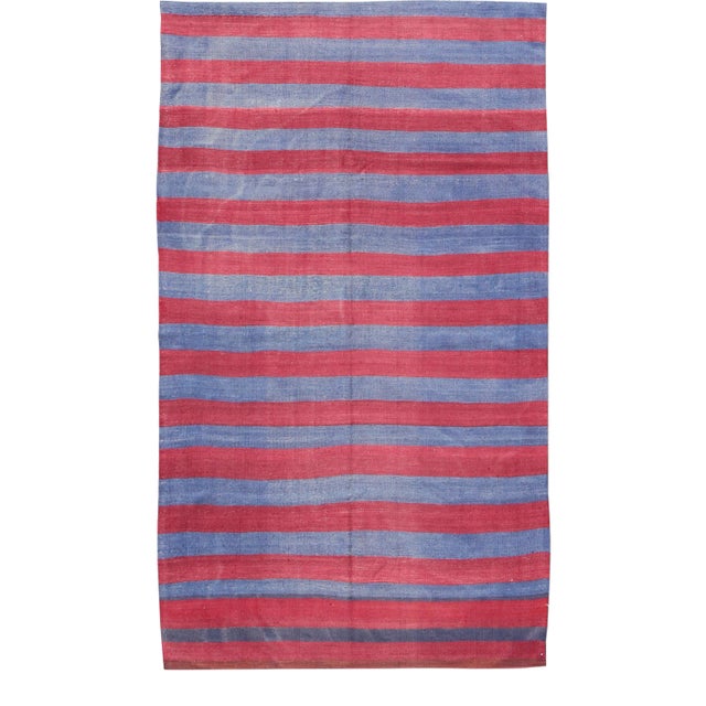 Vintage Striped Turkish Kilim With Casual Modern Design in Red and Blue For Sale