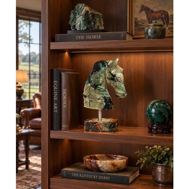 Gemstone Emerald Horse Bust Sculpture Olive Black Hand Carved For Sale - Image 4 of 11