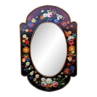1940s Italian Mirror With Black Frame and Dutch-Style Painted Flowers For Sale
