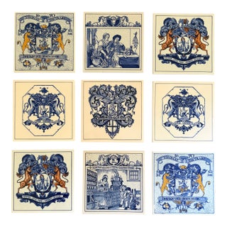 Dutch Delft Blue and White Porcelain Tiles With Heraldic Coat of Arm, Set of 9 For Sale