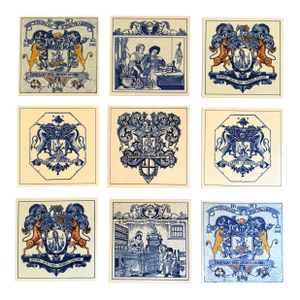 Dutch Delft Blue and White Porcelain Tiles With Heraldic Coat of Arm, Set of 9
