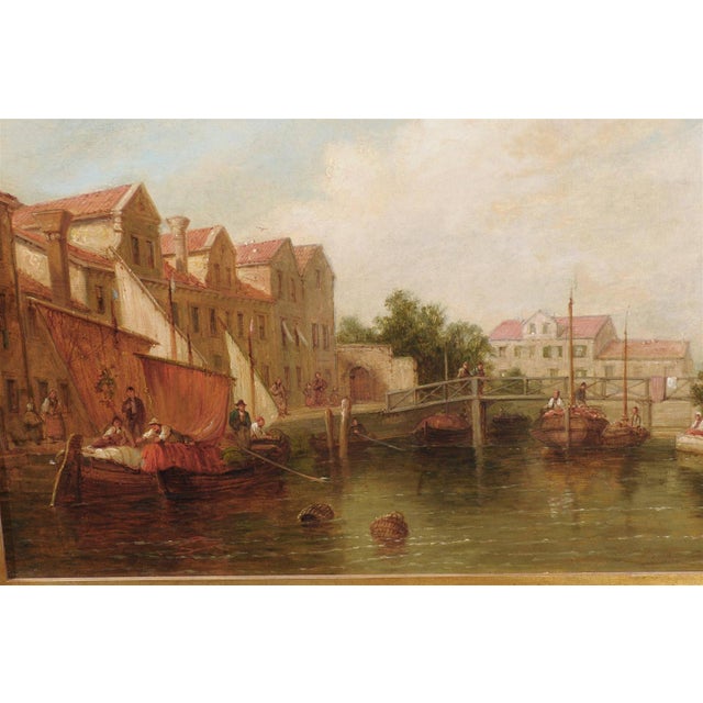 Oil Painting of a Canal Scene with Boats and Pedestrians from Late 19th Century For Sale - Image 4 of 7