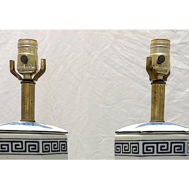 Vintage Mid Century Blue and White Ceramic Hexagon Shaped Table Lamps- A Pair For Sale - Image 9 of 17