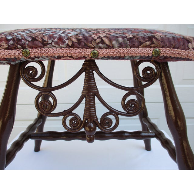 Tall Decorative Rattan and Wood Stool With Violet Floral Motif Fabric For Sale - Image 6 of 11
