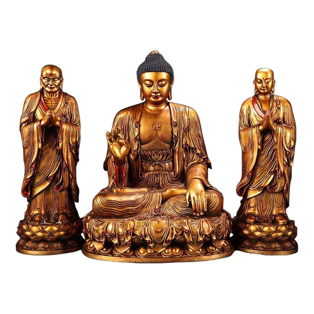 Late 20th Century Set of 3 Gilt Bronze Figures of Shakyamuni Buddha and Disciples For Sale