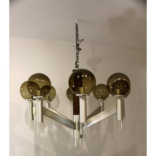 Mid-Century Modern 1970s Large Mid Century Modern Smoked Glass & Metal & Walnut Chandelier in Sonneman Style For Sale - Image 3 of 7