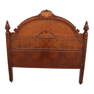 Depression Era Mahogany & Burl Wood Carved Double Headboard For Sale