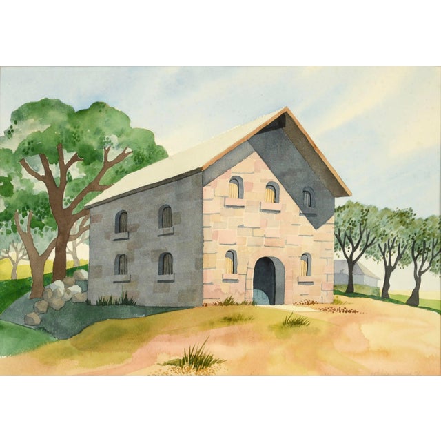 Wonderful mid-1970's landscape watercolor of a stately stone barn on a hilltop surrounded by trees by Gretchen Guard...