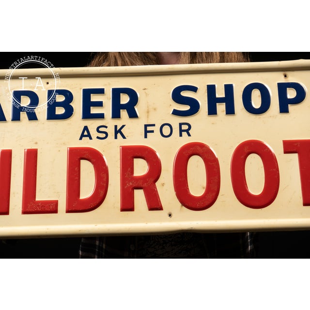 1950's Wildroot Barber Shop Embossed Tin Sign For Sale - Image 4 of 6