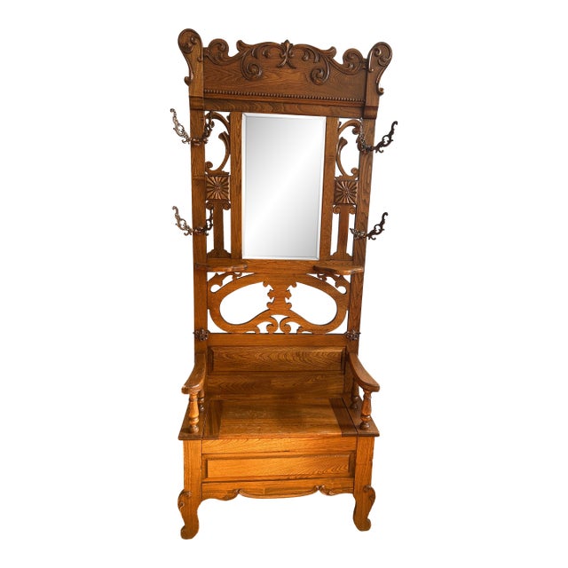 Antique American Oak Hall Tree With Mirror and Bench For Sale