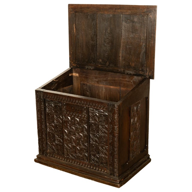 17th Century Antique French Medieval Gothic Carved Oak Chest Coffer 17th Century Panels 1679 For Sale - Image 5 of 16