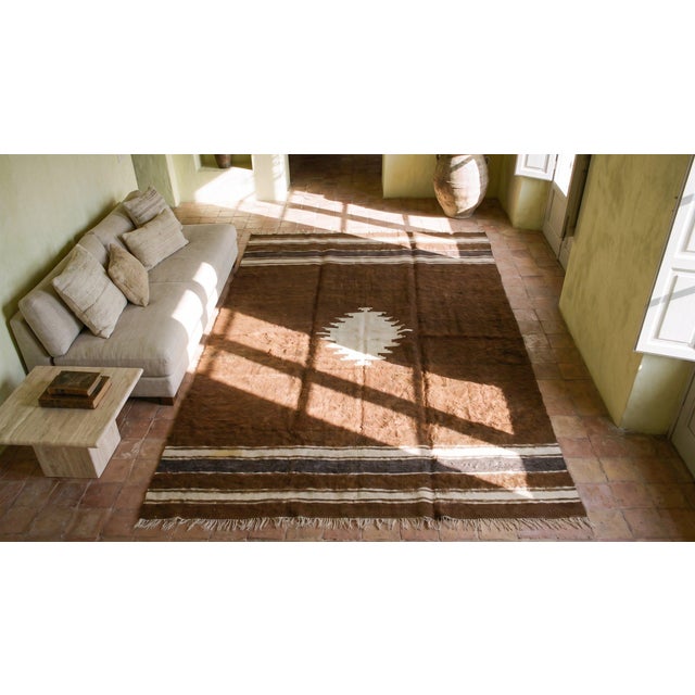 1930s Brown Medallion Kilim Antique Turkish Mohair Flat-Weave Rug 4'3" X 6' Wool Carpet For Sale - Image 15 of 15