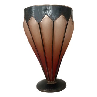 French Art Deco Frosted Glass and Patinated Bronze Vase in Geometric Casket, 1920s For Sale