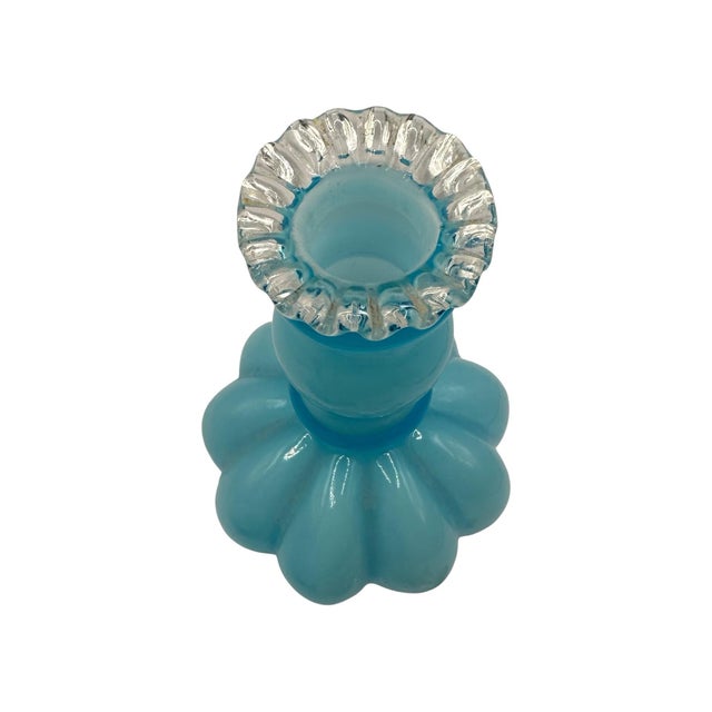 Sky Blue Vintage Blue Opalescent Glass Perfume Bottles With Melon-Ribbed Design by Fenton Art Glass Company - A Pair For Sale - Image 8 of 12