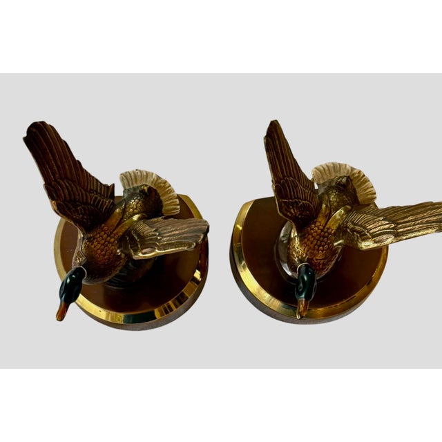 Mid-Century Modern ​Mid 20th Century Solid Brass Mallard Ducks in Flight Bookends Attributed to Pm Craftsman - A Pair For Sale - Image 3 of 12