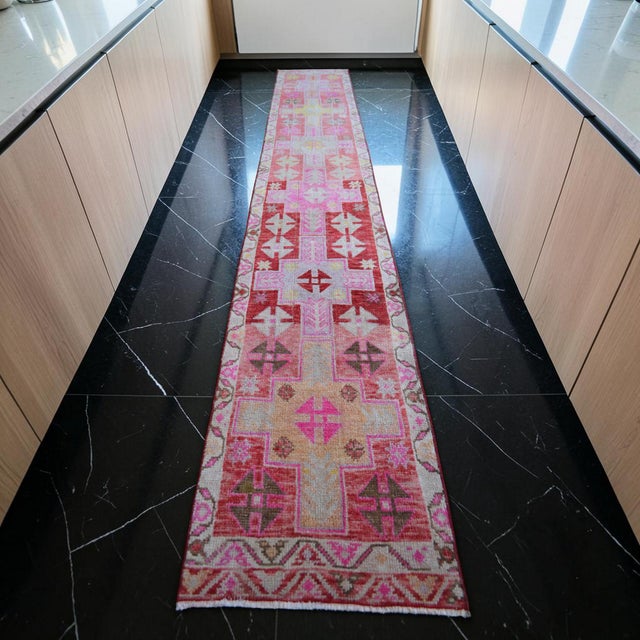 Boho Chic Vibrant Turkish Runner 2x12 Long Narrow Rug Vintage Pink Hallway Oriental Carpet For Sale - Image 3 of 15
