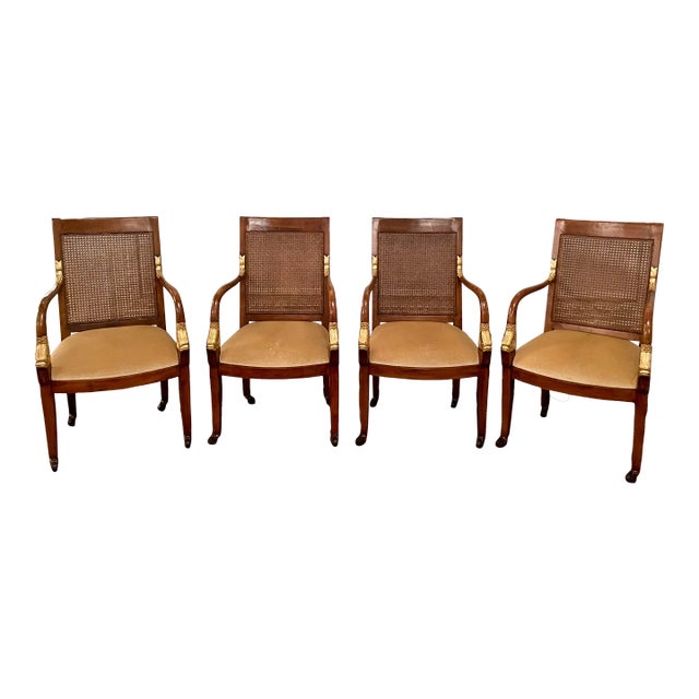 French Empire Style Mohair & Cane Arm Chairs - Set of 4 For Sale