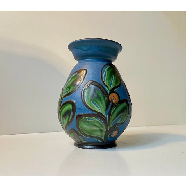 Art Deco Blue Glazed Vase with Flowers by Herman August Kähler For Sale - Image 4 of 8