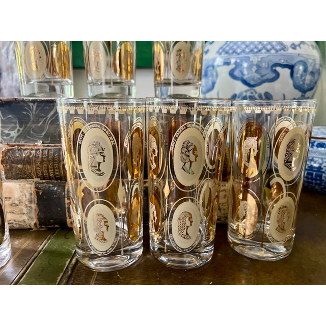 Mid-Century Modern Gold Royal Ladies Portrait Tall Boy or Tumbler Glasses - Set of 7 For Sale - Image 11 of 12