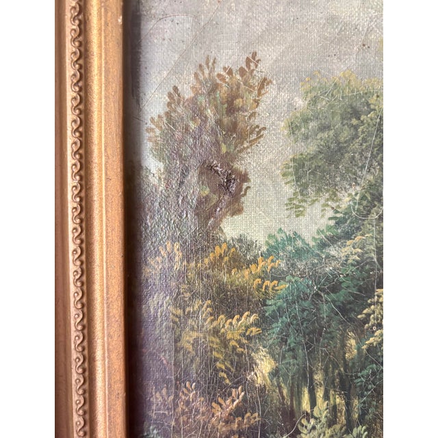 Wood Antique British Countryside Oil Painting in the Manner of E. Horton, Gilt Frame For Sale - Image 7 of 9