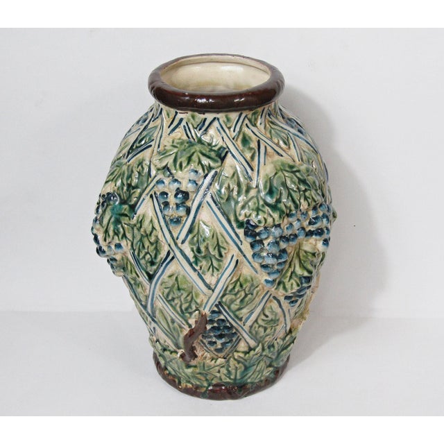 French Country Vintage French Country Majolica-Style Grape Vine Pottery Vase For Sale - Image 3 of 12