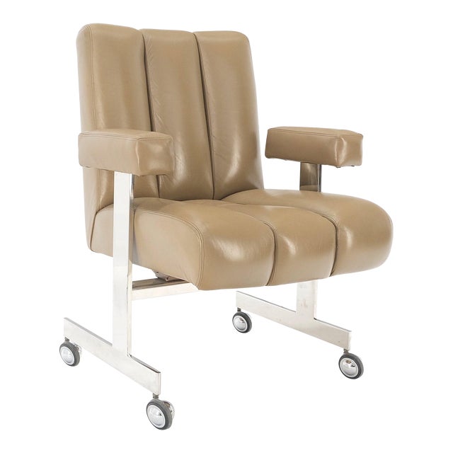 Vladimir Kagan Leather Ribbed Style Upholstery Heavy Stainless Base Desk Chair For Sale