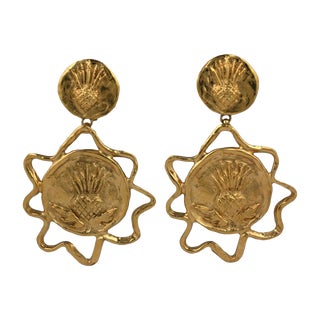 Yves Saint Laurent Gilt Thistle Long Earrings - 2 Pieces For Sale