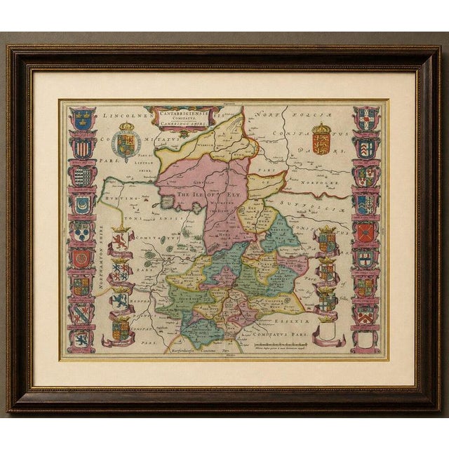 Title: antique map of cambridgeshire & cambridge by joan blaeu, hand-colored, 1645 description: a highly decorative 17th-...