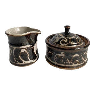 Vintage 70s Studio Pottery Stonewear Creamer & Sugar Bowl Brown Speckled Swirl Earth Tones For Sale