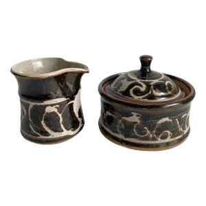Vintage 70s Studio Pottery Stonewear Creamer & Sugar Bowl Brown Speckled Swirl Earth Tones