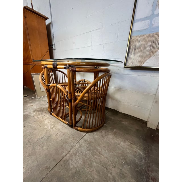 Hollywood Regency Rattan & Cane Game Table and Chair Set For Sale - Image 3 of 8