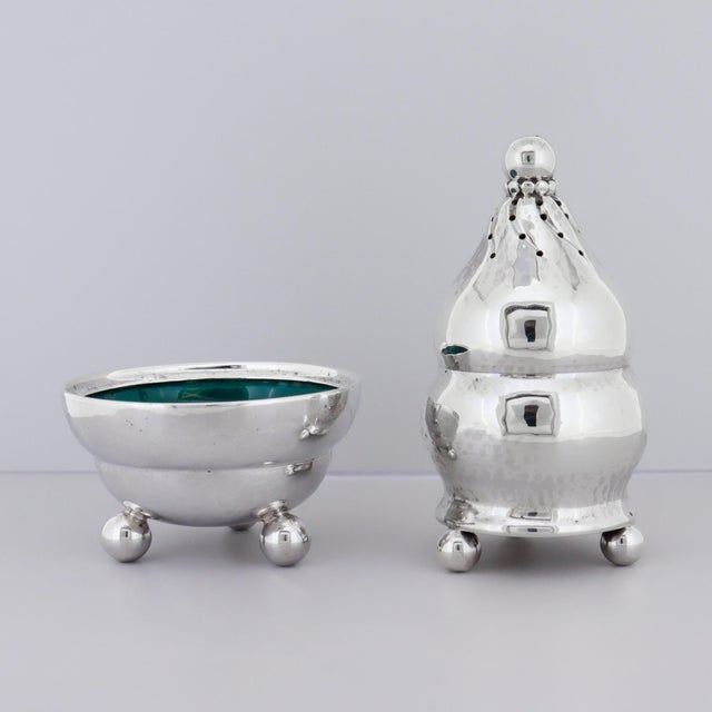 Mid-Century Modern Early 20th Century Georg Jensen Sterling Silver & Enamel Pepper Shaker and Salt Cellar Pair #410 For Sale - Image 3 of 13