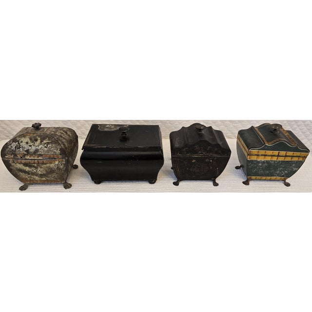 Early English Tole Tea Caddies, Set of Four With Painted Decoration and Paw Feet For Sale - Image 4 of 6