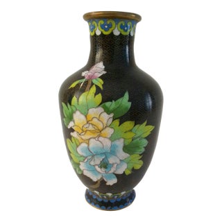 Mid-Century Chinese Black Cloisonné Botanical Vase For Sale