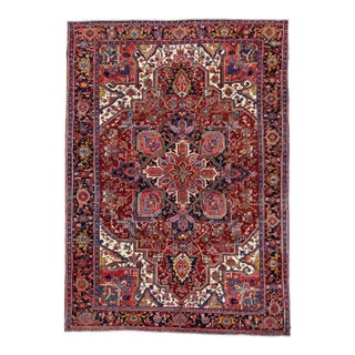 Red & Navy Blue Oriental Handwoven Vintage Rug 7'10" x 10'11" For Sale