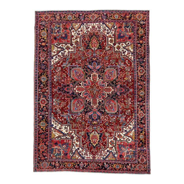 Red & Navy Blue Oriental Handwoven Vintage Rug 7'10" x 10'11" For Sale