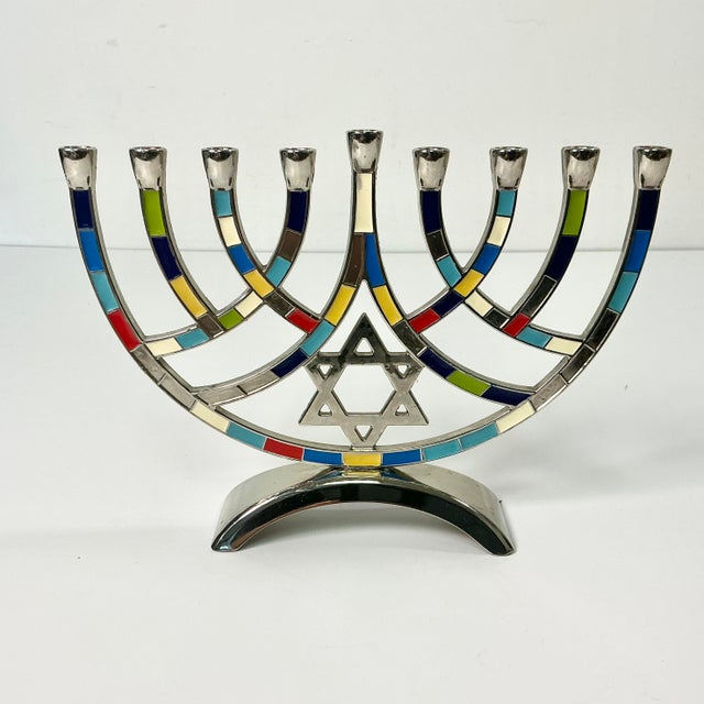 Contemporary 1980s Vintage Contemporary Postmodern Hollywood Regency Enamel and Chrome Menorah For Sale - Image 3 of 13