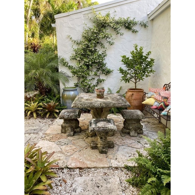 Vintage Cast Stone Garden Dining Set With Dolphin Pedestal Table & Three Matching Stools For Sale - Image 9 of 12
