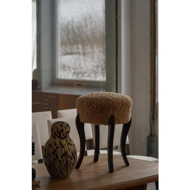 Mid-Century Danish Stool in Lambswool Upholstery with Curved Wooden Legs, 1940s For Sale - Image 6 of 18