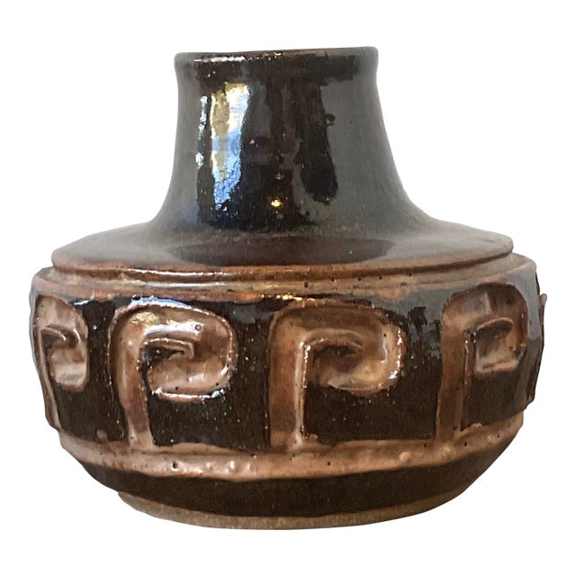 Vintage Original Studio Pottery Greek Key Vase For Sale