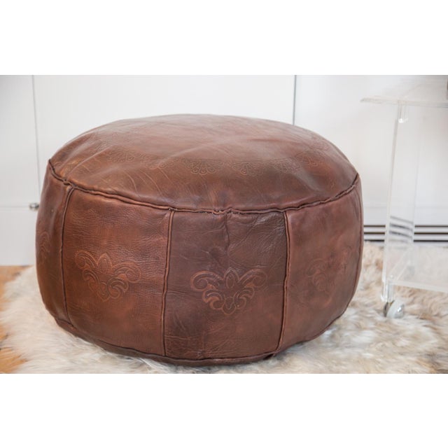 Antique Revival Leather Moroccan Pouf Ottoman Dark Whiskey