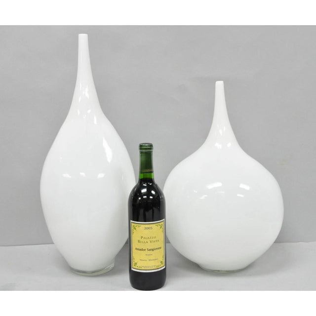 Decorative Modern White Bulbous Art Glass "Teardrop" Vessel Vases by Lazy Susan - 2 Pc Set. Circa Early 21st Century....