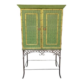 Vintage Customized Painted Green Faux Croc Faux Bamboo Iron Dry Bar Storage Cabinet by Lane For Sale