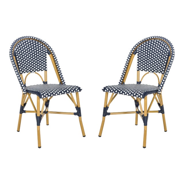 Indoor-Outdoor French Bistro Stacking Side Chair in Navy & White & Light Brown - a Pair For Sale