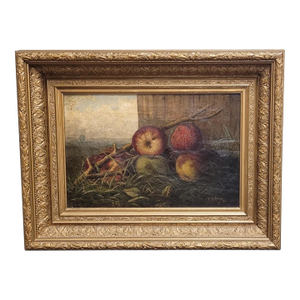 Antique 19th Century Oil Painting Apples Signed
